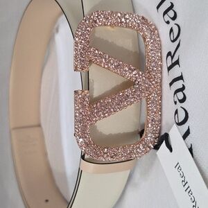 Valentino Garavani Cream Belt with Gold Sparkle Buckle